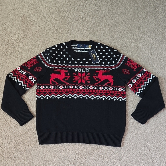 NWT Polo Ralph Lauren Men's Black/Red Reindeer Chunki-Knit Crewneck Sweater Sz M